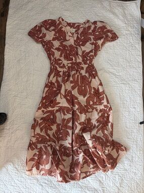 Anthropologie Cream Midi Dress with Red Leaf Print